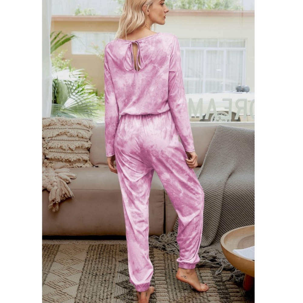 Pink and White Tie Dye Keyhole Tie Waist Jumpsuit - Picture 6 of 6
